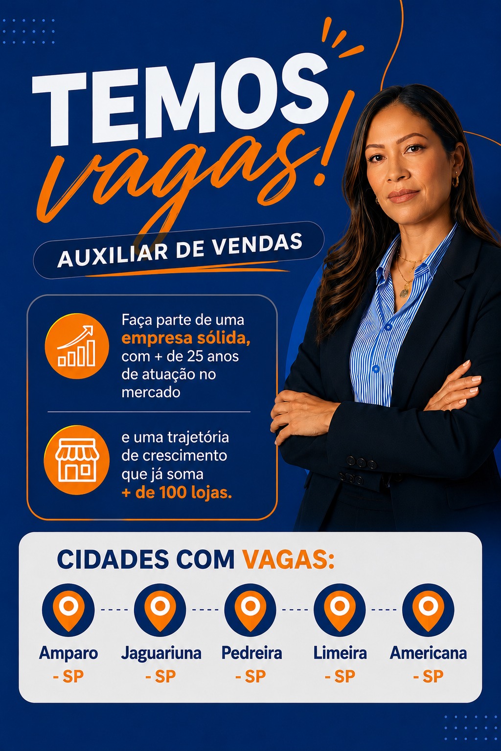 Arte de divulgação de vagas para auxiliar de vendas em cidades de São Paulo